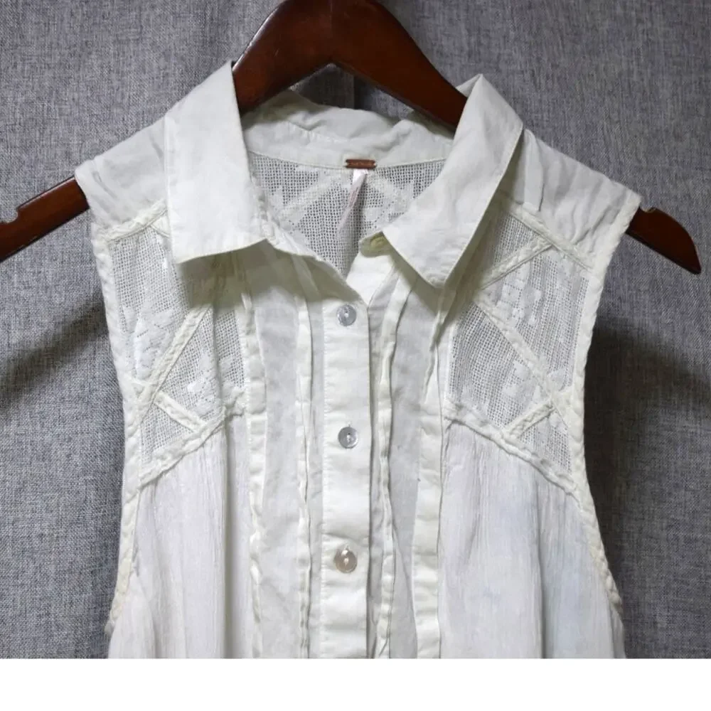 Free People Ivory Sleeveless Lace Inset Button Front Tunic Top L - Picture 2 of 4